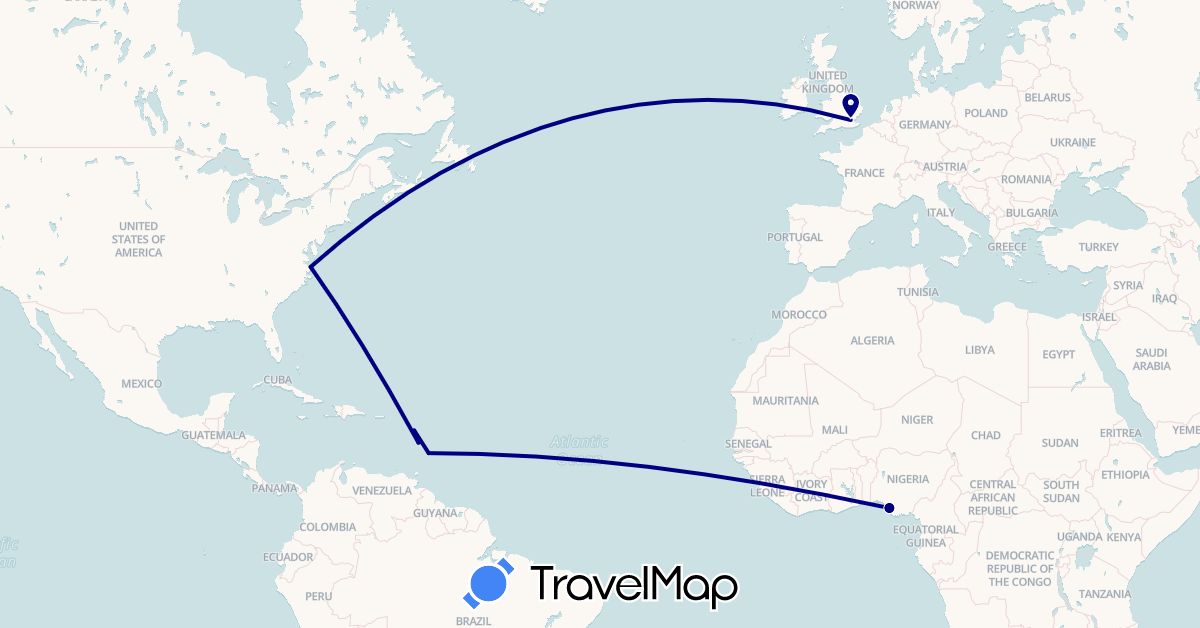 TravelMap itinerary: driving in Barbados, France, United Kingdom, Nigeria, United States (Africa, Europe, North America)